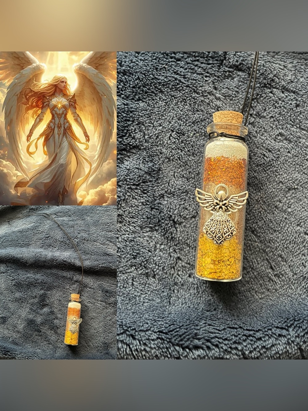 Gold Angel Inspired Glass Potion Fairy Bottle Necklace w/ Pendant